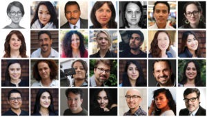 A collage of 24 headshots featuring diverse individuals, including a mix of men and women from various ethnic backgrounds, each with different expressions and settings. The subjects range from professional to casual environments, capturing the spirit of Berkeley Journalism's inclusive storytelling.