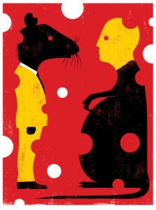 An abstract illustration of two figures facing each other, crafted with a flair reminiscent of Berkeley Journalism. On the left, a figure with a black rat's head and yellow suit. On the right, a figure with a yellow human head and black body resembling a shadow. The background is red with white polka dots.