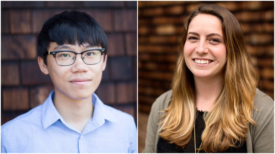 A split image shows two individuals. On the left, a person with short black hair and glasses is wearing a light blue collared shirt. On the right, another person with long, wavy brown hair is smiling and wearing a black top with a green cardigan. Both stand in front of a wooden wall at Berkeley Journalism.