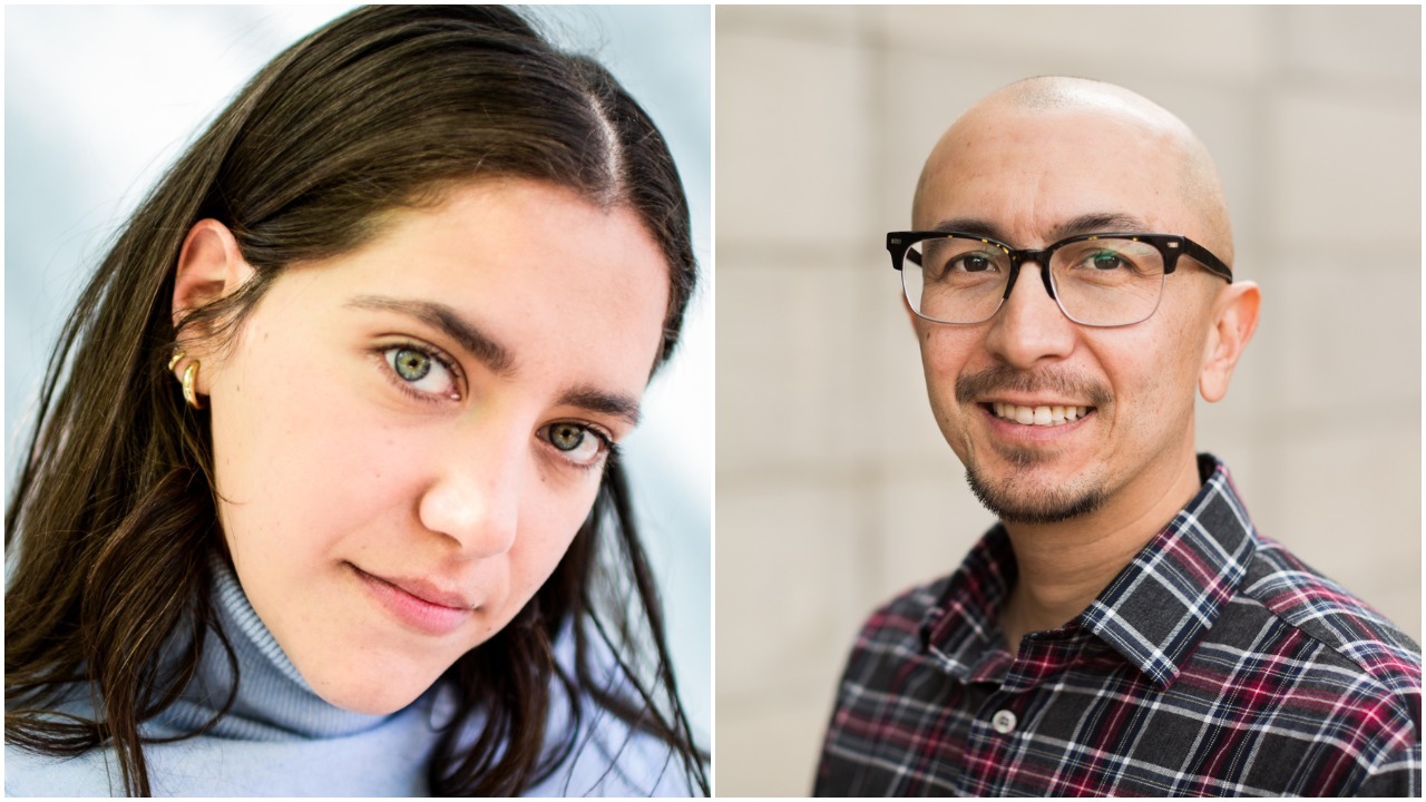 A split image with a close-up of a person with long dark hair, wearing a light blue turtleneck sweater on the left, and a person with glasses, a shaved head, and a plaid shirt smiling on the right. Both appear in front of neutral backgrounds, embodying the diverse faces of Berkeley Journalism.