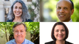 A collage of four people smiling. Top left: A person with long, gray hair, wearing a dark top. Top right: A person with short hair, outdoors in a bright setting. Bottom left: A person with gray hair and a checkered shirt. Bottom right: A person with short, dark hair wearing a black top—Berkeley Journalism at its finest.