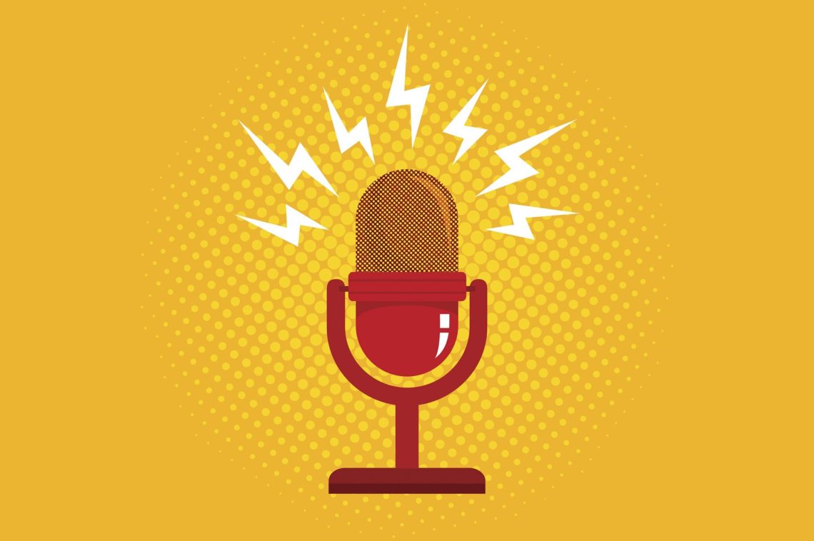 Illustration of a retro-style red microphone on a yellow background with a dotted pattern. White lightning bolts surround the top of the microphone, suggesting sound or broadcasting, reminiscent of Berkeley Journalism