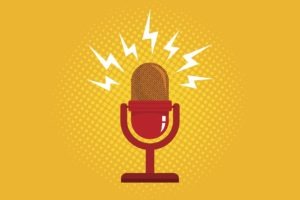 Illustration of a retro-style red microphone on a yellow background with a dotted pattern. White lightning bolts surround the top of the microphone, suggesting sound or broadcasting, reminiscent of Berkeley Journalism's classic aesthetic.