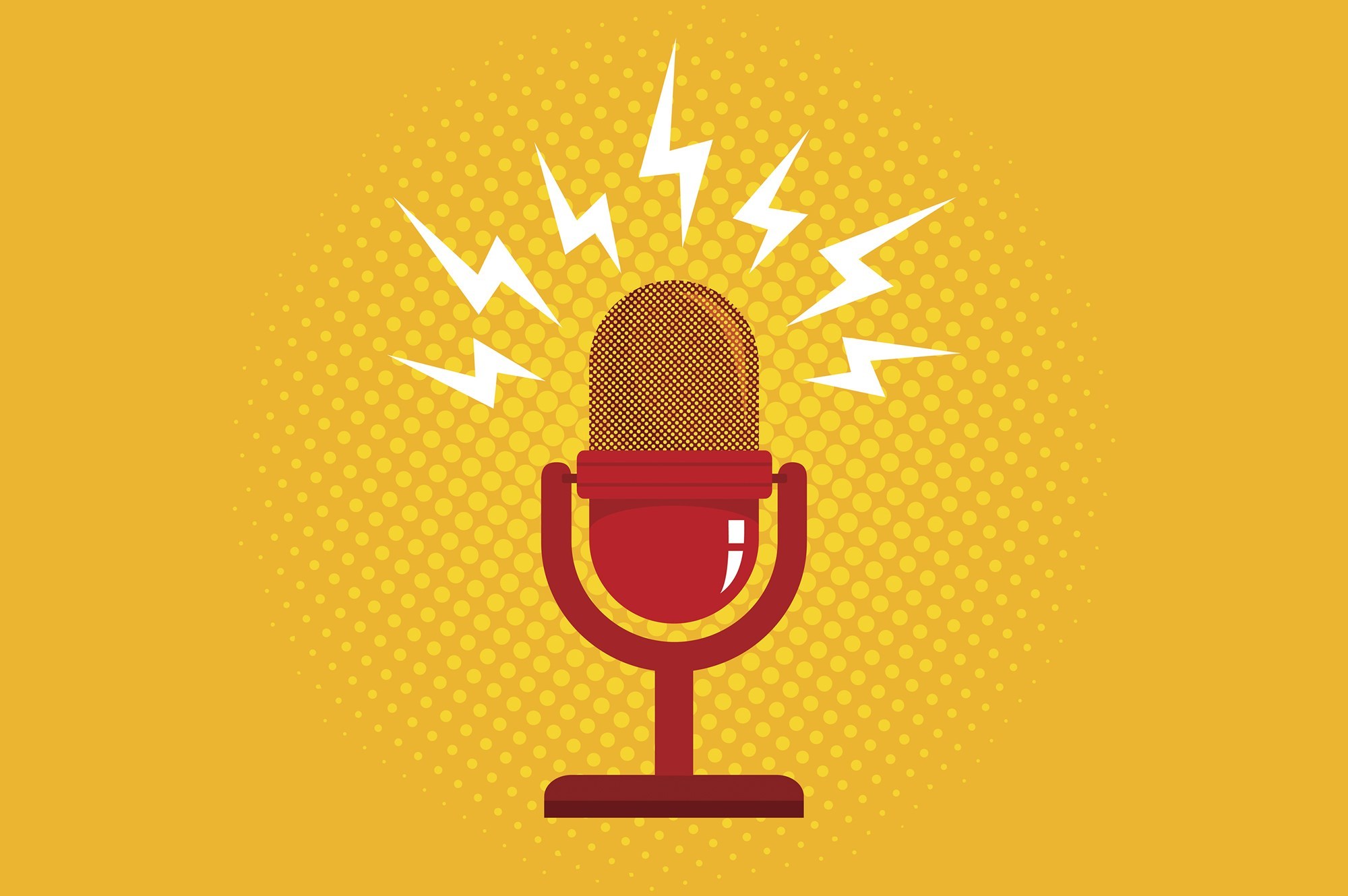 Illustration of a retro-style red microphone on a yellow background with a dotted pattern. White lightning bolts surround the top of the microphone, suggesting sound or broadcasting, reminiscent of Berkeley Journalism's classic aesthetic.