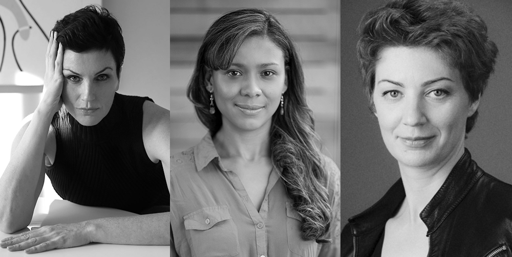 A black-and-white photo collage of three women, reflecting the spirit of Berkeley Journalism. The woman on the left rests her head on her hand, wearing a sleeveless top. The woman in the center sports a button-up shirt and earrings. The woman on the right has short hair, a leather jacket, and smiles softly.