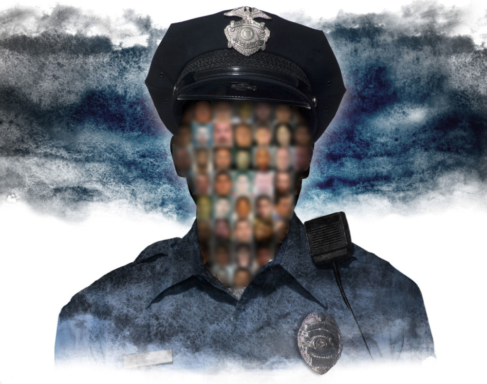 An image depicts a police officer in uniform with a hat and badge, but instead of a discernible face, it features a collage of blurred, different faces—a surreal portrayal that echoes themes often explored in Berkeley Journalism. The background consists of dark, stormy clouds.