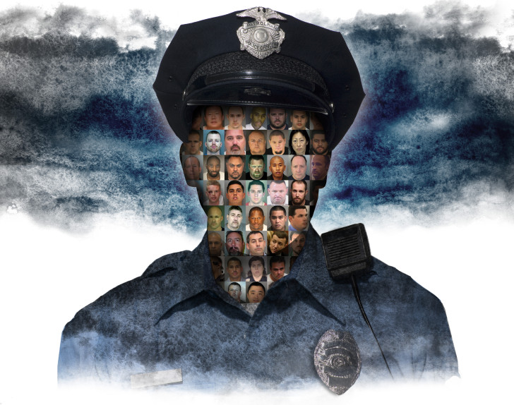 A police officer in uniform is shown with their face replaced by a collage of numerous smaller photos of various people