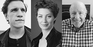 A black and white photo collage captures three individuals: a young man with short hair gazing off to the side (left), a middle-aged woman in a leather jacket staring at the camera (center), and an older, bald man in a plaid shirt smiling (right). The trio embodies the spirit of Berkeley Journalism.