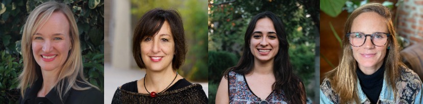 Four women smiling outdoors in a collage. The first has blonde hair and wears a black coat, the second has short dark hair and sports a black top with a necklace, the third has long dark hair and dons a floral dress, and the fourth has glasses, blonde hair, and looks like she'd fit right in at Berkeley Journalism.