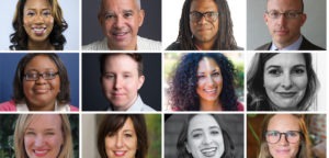 A photo grid of twelve diverse individuals, each shown from the shoulders up, smiling at the camera. The individuals vary in gender, age, and ethnicity, wearing different styles of clothing and backgrounds ranging from plain to outdoors. This image perfectly captures the inclusive spirit of Berkeley Journalism.