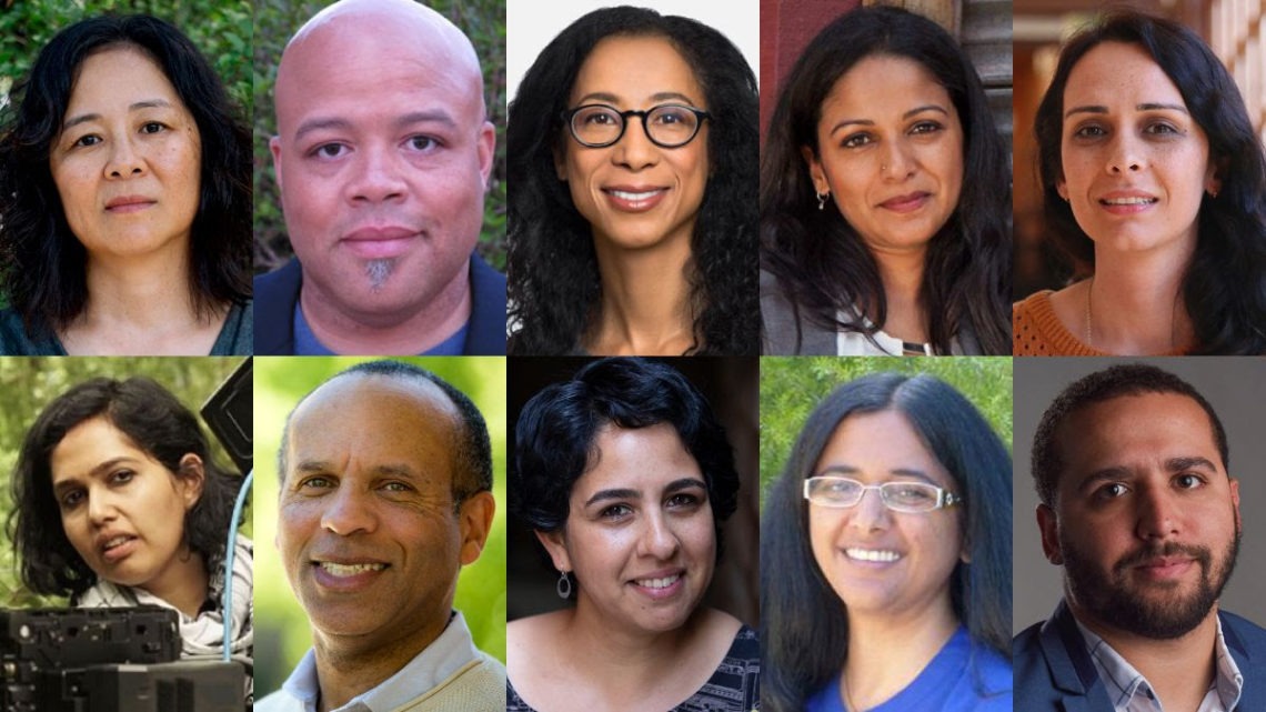 A collage of 10 diverse individuals arranged in two rows of five, reminiscent of a Berkeley Journalism class. They all have neutral to slight smiling expressions and are of varying ages and backgrounds. The backdrop behind each person is either greenery or an indoor setting.