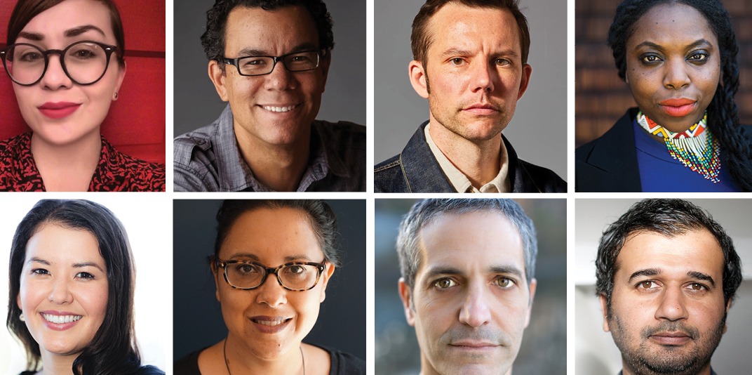 A collage of eight individual headshots, featuring an equal distribution of men and women with varying expressions and appearances. Each person is captured from the shoulders up, set against simple and varied backgrounds, exemplifying the diverse talent emerging from Berkeley Journalism.