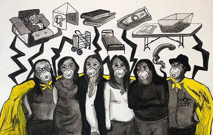 Illustration of six individuals wearing masks and yellow capes standing together. Behind them are drawings of various items including groceries, money, a bed, and a table with food. Black jagged lines frame the group. The artwork, evocative of Berkeley Journalism's commitment to storytelling, uses a primarily grey color palette.