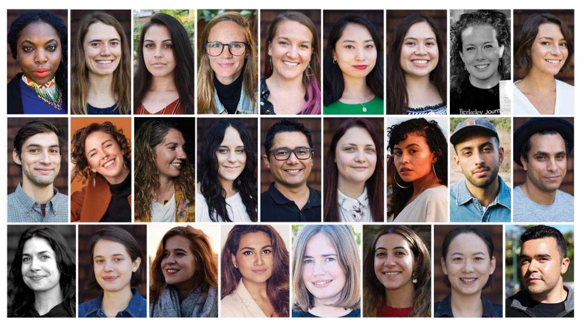 A collage of 27 headshots featuring diverse individuals of various genders and ethnicities, connected through Berkeley Journalism. They are all smiling or have neutral expressions, with different backgrounds and lighting. The image is arranged in a grid format with three rows.