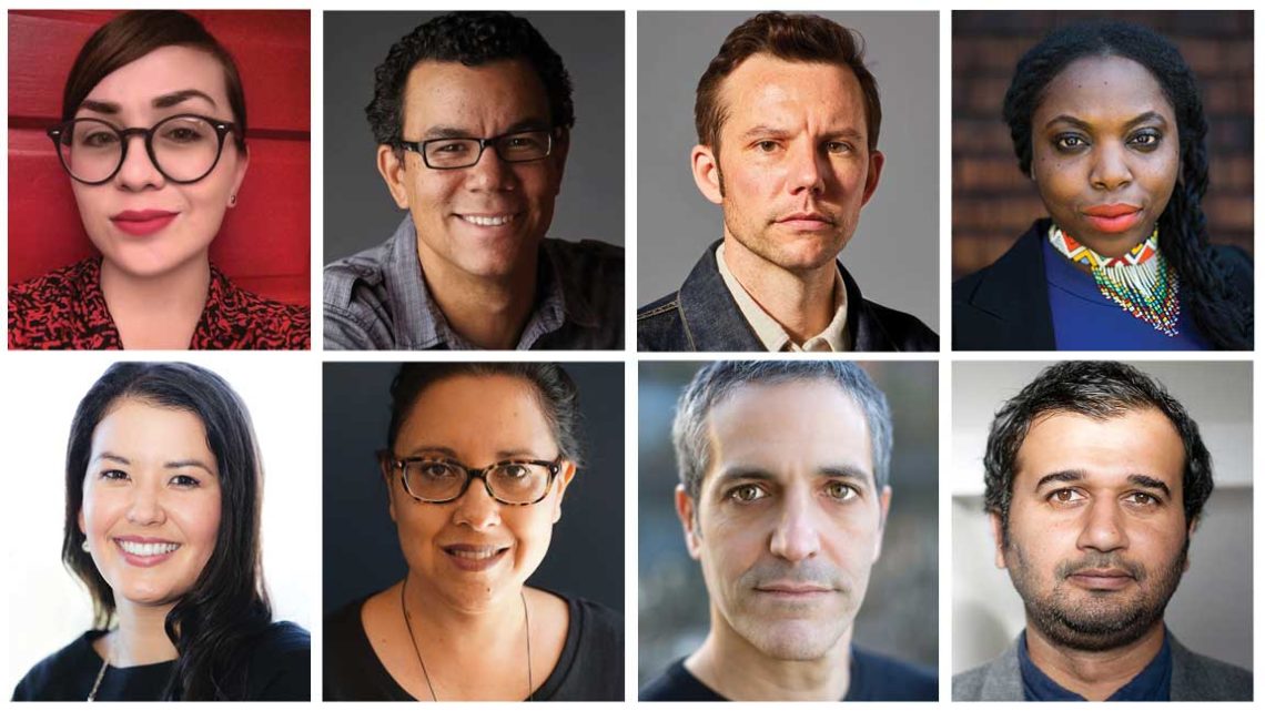A grid of eight headshots featuring diverse individuals from the Berkeley Journalism community. Each person displays a unique expression, with varied backgrounds and lighting. Some are smiling, others have a neutral expression. The images showcase a mix of genders and ethnic backgrounds. 
