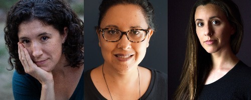 A triptych image featuring three women with different appearances. The left woman has dark, curly hair and rests her face on her hand. The middle woman, perhaps a Berkeley Journalism student, has dark hair in a bun, wears glasses, and smiles. The right woman has long, straight hair and looks at the camera.