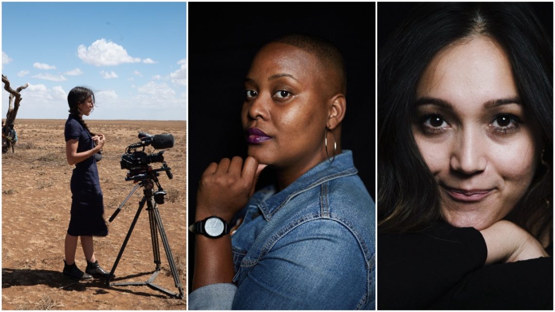 A triptych image: Left, a Berkeley Journalism student operates a video camera in a dry, open landscape under a blue sky. Center, a person with a shaved head and hoop earrings poses against a dark background. Right, a person with long dark hair smiles gently, also set against the same dark backdrop.