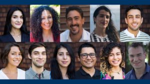 A collage shows 11 diverse individuals, smiling and posing in portrait style. They vary in gender, age, and appearance. Each person's headshot is neatly arranged in a grid, creating a welcoming and inclusive group photo. The background is blurred, focusing on faces—a true reflection of Berkeley Journalism's community spirit.