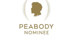 A gold silhouette of a man's profile centered inside radiating lines, with the text "PEABODY NOMINEE" below in capital letters. The design is minimalistic and elegant, emphasizing the importance of the nomination and celebrating excellence in Berkeley Journalism.