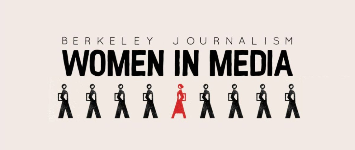 A beige banner features the text "Berkeley Journalism Women in Media" at the top. Below it, there are nine stick-figure women, eight in black and one standout in red at the center.