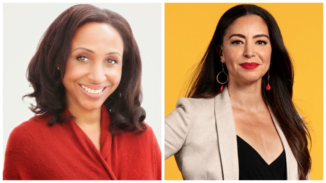 A split image showing two women smiling. On the left, a woman with wavy, dark hair, wearing a red top. On the right, a Berkeley Journalism graduate with long, straight dark hair, dressed in a beige blazer over a black top and accessorized with red earrings, against a yellow background.