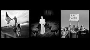A triptych of black-and-white photographs: left shows a person holding an American flag while riding a horse; center shows a person in a white gown and fur stole, facing away in an empty theater; right, echoing the spirit of Berkeley Journalism, shows a group of women holding a "Truth Matters" sign at a protest.