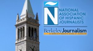 A tall clock tower with a green patina roof is set against a clear blue sky. To its right, the Berkeley Journalism logo appears alongside that of the National Association of Hispanic Journalists, suggesting a collaborative partnership or event.