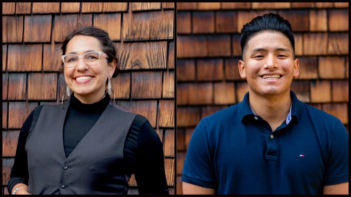 A split image features two individuals. The left side shows a person wearing glasses, a black top, and a grey vest, smiling confidently, evoking the professionalism of Berkeley Journalism. The right side shows a person with dark, slicked-back hair in a blue polo shirt, also smiling. The background is wooden shingles.
