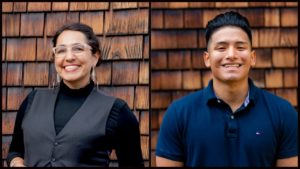 A split image features two individuals. The left side shows a person wearing glasses, a black top, and a grey vest, smiling confidently, evoking the professionalism of Berkeley Journalism. The right side shows a person with dark, slicked-back hair in a blue polo shirt, also smiling. The background is wooden shingles.