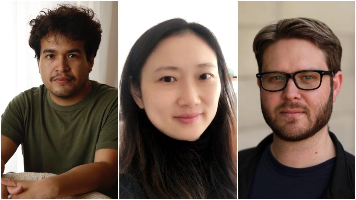 A composite image featuring three individuals: The person on the left has curly dark hair and wears a green shirt. In the center, with long dark hair and a black top, stands another. On the right, sporting short hair, glasses, and a dark-colored outfit, is someone possibly associated with Berkeley Journalism.