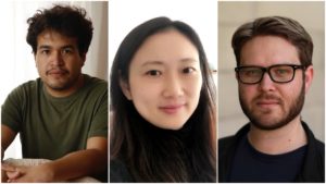 A composite image featuring three individuals: The person on the left has curly dark hair and wears a green shirt. In the center, with long dark hair and a black top, stands another. On the right, sporting short hair, glasses, and a dark-colored outfit, is someone possibly associated with Berkeley Journalism.