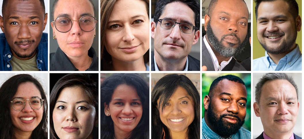 A grid of headshots featuring 12 diverse people. The individuals vary in gender, age, and ethnicity, showcasing a range of expressive faces and backgrounds, reminiscent of the inclusive spirit found in Berkeley Journalism.