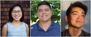 A collage of three individual portraits. The first image shows a smiling person with glasses and a sleeveless top. The second image features a smiling person in a blue shirt with greenery in the background. The third, reminiscent of Berkeley Journalism authenticity, depicts a person looking to the side, bathed in natural light.