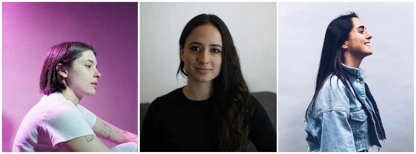 Three portraits of individuals: on the left, a person with short brown hair and tattoos is lit by pink light on a purple background; in the center, a person with long dark hair against a light background; on the right, a person with long dark hair in profile, smiling and wearing a denim jacket. Each subject exudes an air reminiscent of Berkeley Journalism’s diverse essence.