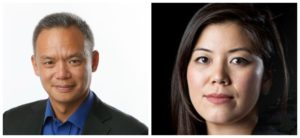A composite image features two portraits side by side. The portrait on the left shows an older man with short gray hair, wearing a dark suit jacket and a blue shirt, against a white background. The portrait on the right depicts a woman with long dark hair, wearing a dark top, against a black background—both showcasing alumni of Berkeley Journalism.