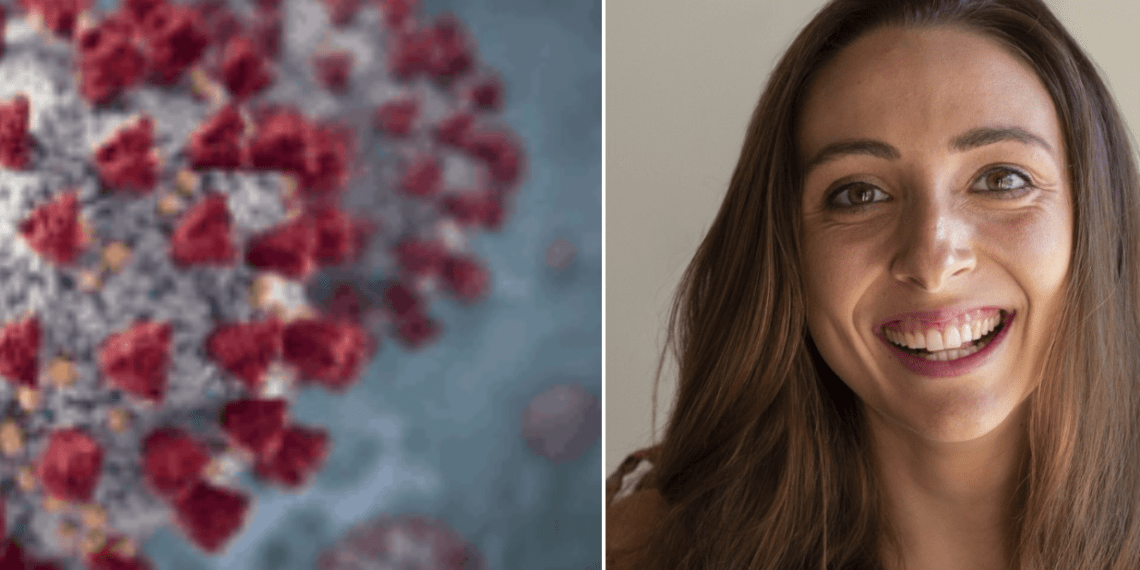 A split image: On the left, a close-up of a coronavirus particle with red spike proteins. On the right, a woman with long brown hair and a big smile, looking at the camera—capturing both science and human resilience as expertly reported by Berkeley Journalism.