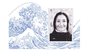 A black-and-white photo of a smiling person with long dark hair, wearing a high-collared jacket, is framed on the right. In the background, there is a blue line drawing of a large, crashing ocean wave inspired by "The Great Wave off Kanagawa," evoking the dynamic spirit of Berkeley Journalism.