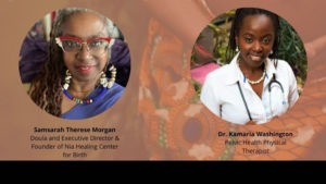 Image of two women featured in circular frames. The woman on the left, identified as Samsarah Therese Morgan, has gray braids and wears red glasses, colorful beaded jewelry, and a purple outfit. The woman on the right, Dr. Kamaria Washington, has natural hair styled back and wears a white coat with a stethoscope. Text identifies their professions and titles within Berkeley Journalism.