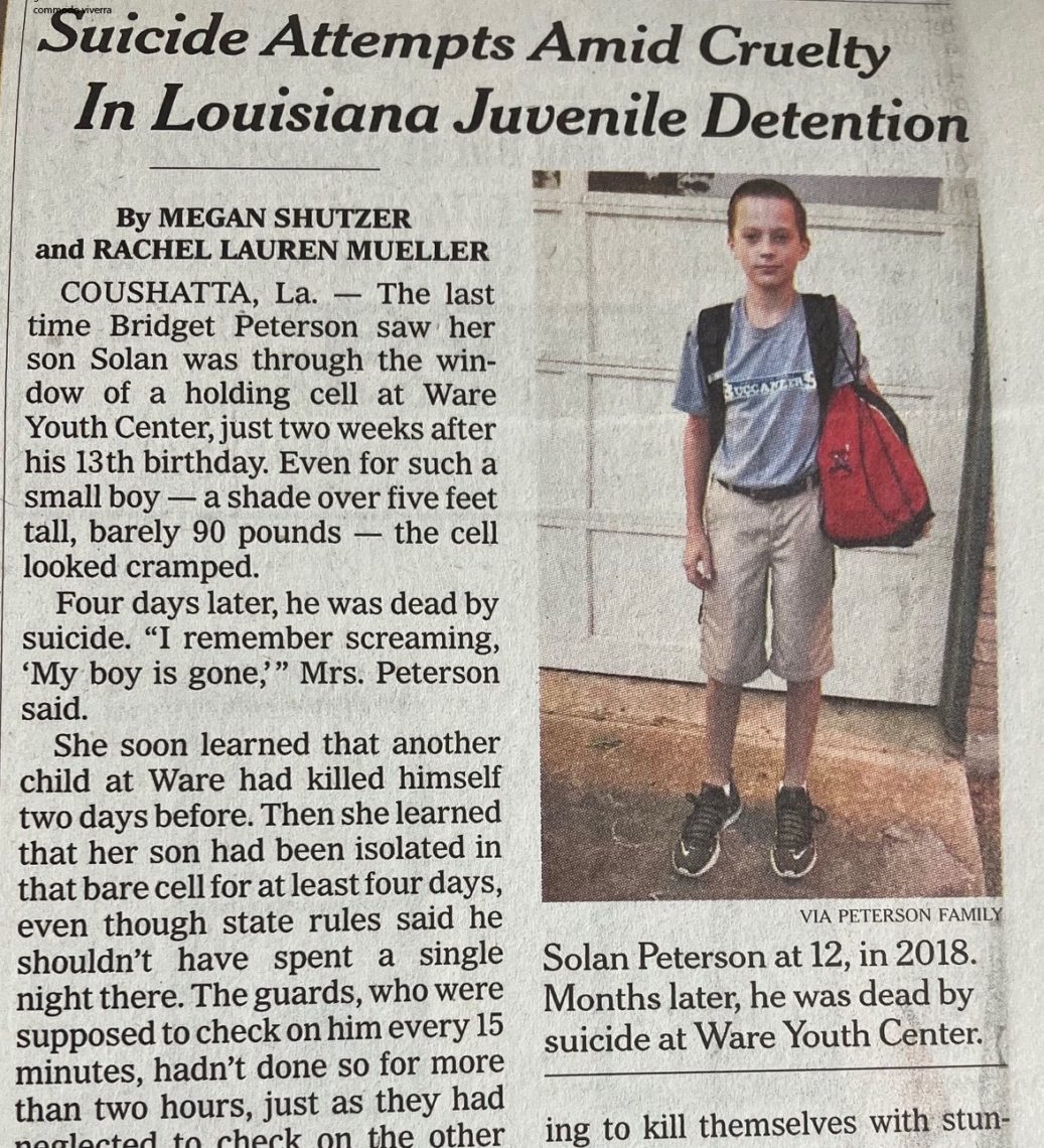 Newspaper article titled, "Suicide attempts amid cruelty in Louisiana juvenile detention." There is a young boy pictured who was found dead by suicide.