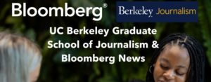 A banner featuring the logos of Bloomberg and Berkeley Journalism highlights the text, "UC Berkeley Graduate School of Journalism & Bloomberg News." The background includes greenery and a person writing, emphasizing the importance of diversity in speaking truth to power through business journalism.