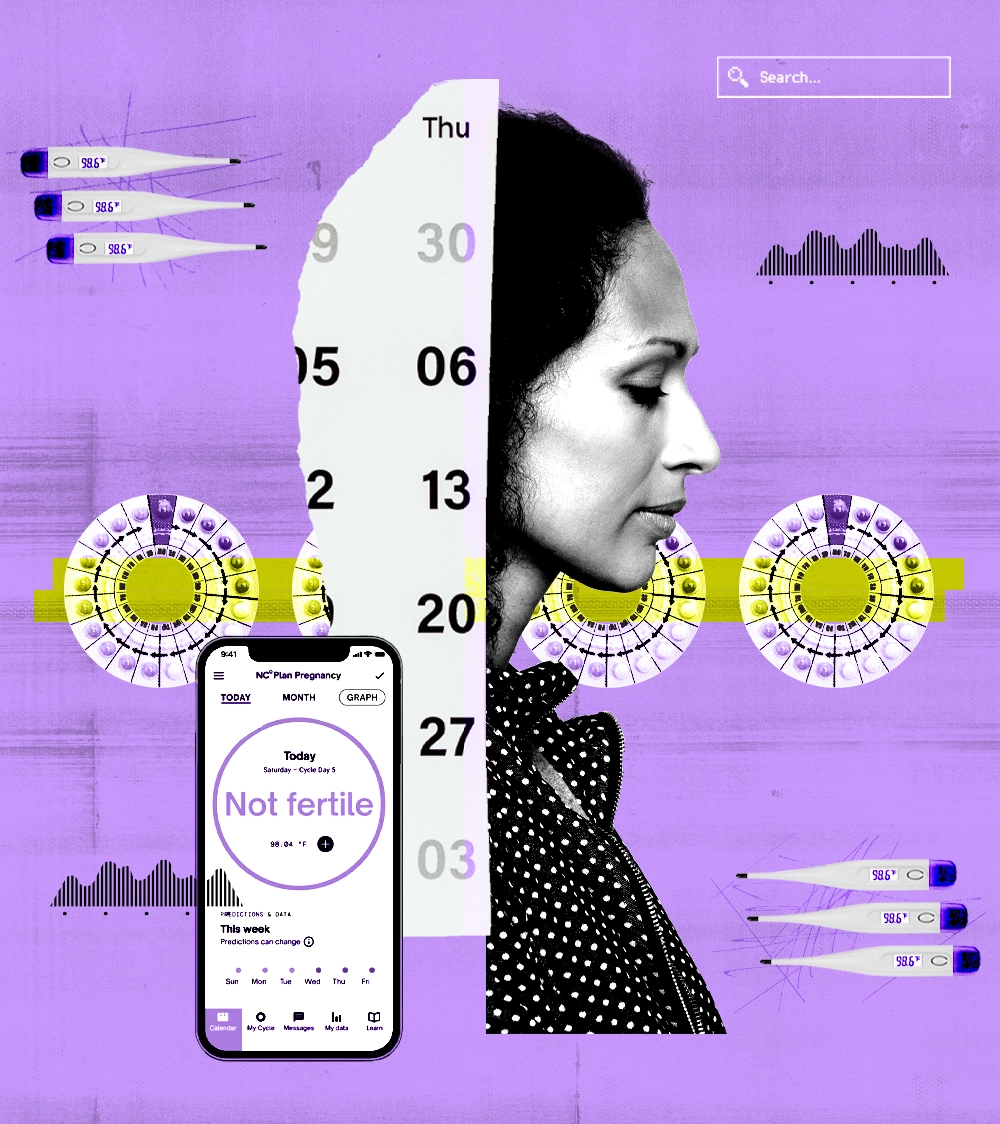 Graphic of a woman in a polka dot blouse surrounded by images of birth control pills, a thermometer, and a pregnancy planning app.