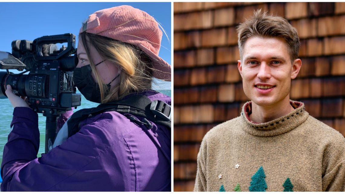 Left side: Person in a purple jacket and pink cap using a video camera at a waterfront. Right side: Person with short hair wearing a beige sweater with green patterns, smiling at the camera, standing in front of a wooden shingle wall that gives off a cozy home vibe.