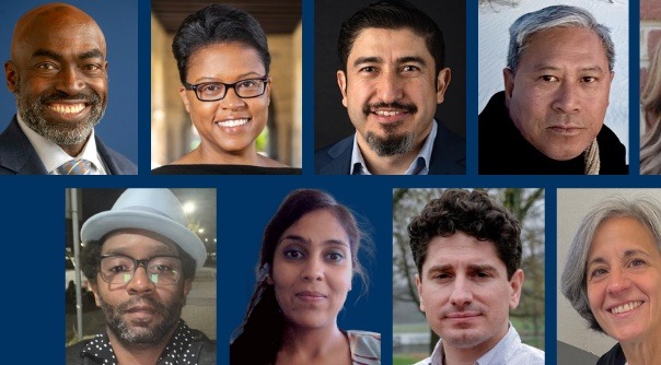 A collage of headshots features eight individuals of diverse backgrounds and genders, all connected through a prestigious journalism fellowship. They are smiling or displaying neutral expressions against various backgrounds, with the image set against a blue backdrop.