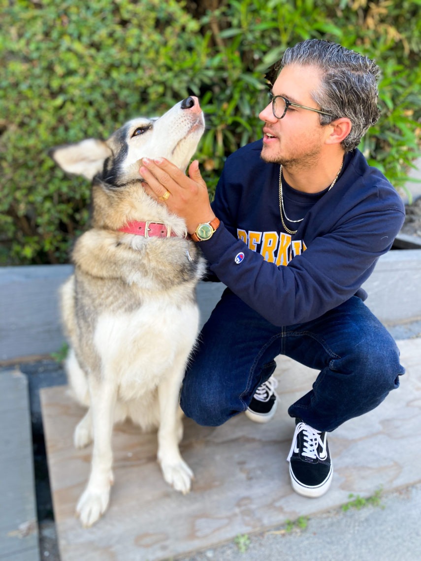 A man is kneeling next to a husky outside. He is being very affectionate towards the dog. He is wearing a blue Berkeley sweater, glasses, light jewelry, and van sneakers. 