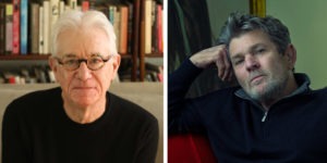 Split image of two older men against different backgrounds. The left shows a man with white hair and glasses in front of a bookshelf, likely preparing for a Berkeley book event. The right shows a man with gray hair and a beard leaning his head on his hand, sitting in a room with a greenish hue.