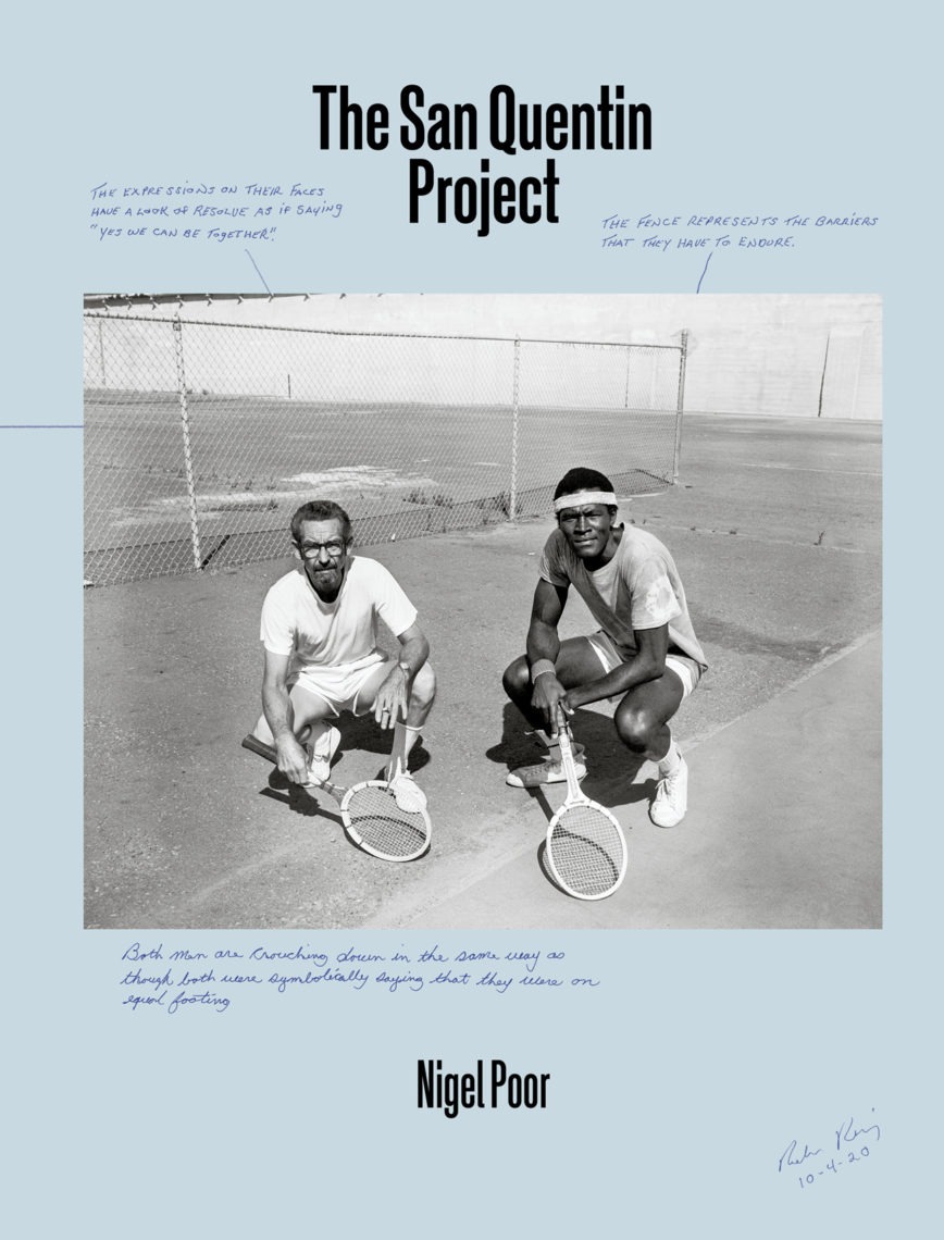 Black and white photograph of two men squatting down with their tennis rackets in front of them, wearing t-shirts and shorts. The background is a light blue square. The title at the top is "The San Quentin Project".