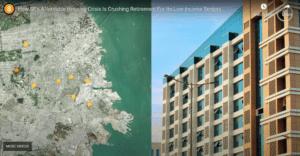 Screenshot from the video, with a satellite map on one side, and a skyscraper on the other.