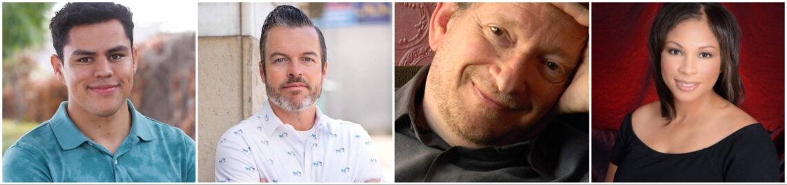 A four-image collage of diverse individuals: a man with short dark hair wearing a teal polo shirt, a man with combed gray hair and beard in a white patterned shirt, a man resting his head on his hand with a gentle smile, and a woman with long dark hair in a black top—capturing the spirit of Berkeley Journalism.
