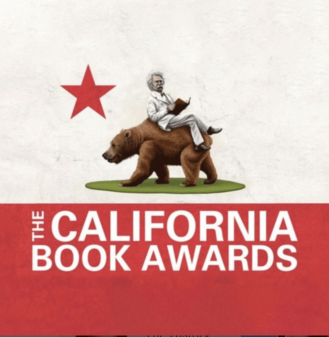 Illustrated logo for the California Book Awards featuring a white-haired man sitting and reading a book on the back of a bear, with a red star above. The design evokes the spirit of authors like Adam Hochschild. Text reads 