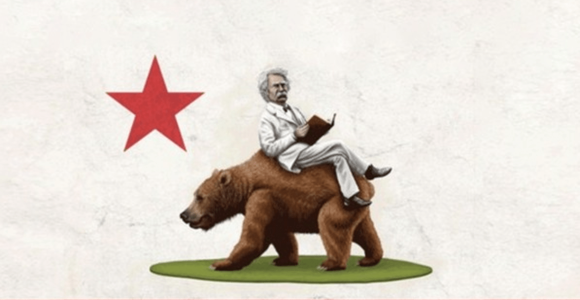 A star on the left and a man resembling Adam Hochschild with white hair and a white suit sitting on a large brown bear while holding an open book. The bear is standing on a grassy patch against a plain background.